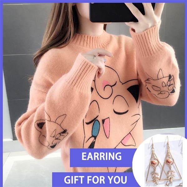 

women cartoon print autumn winter causal streetwear sweater long sleeve o neck loose harajuku 201201, White;black