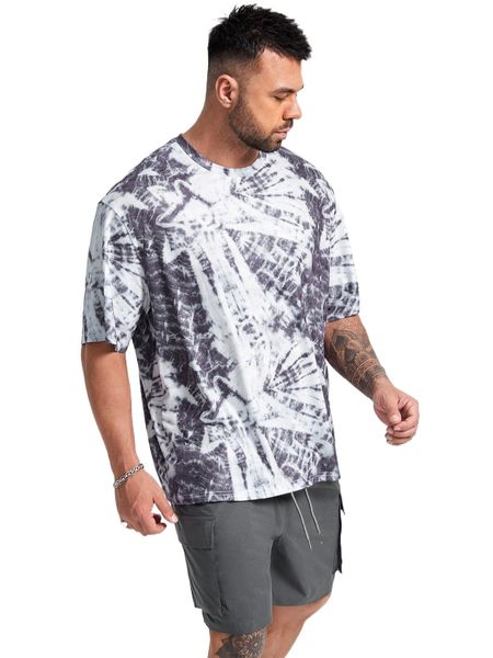 

extended sizes men tie dye tee & drawstring waist cargo shorts f33h#, Gray