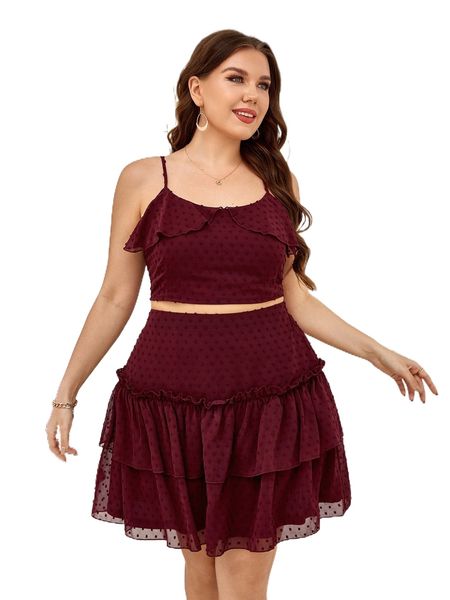 

plus swiss dot ruffle trim cami & layered hem skirt 92ls#, Black