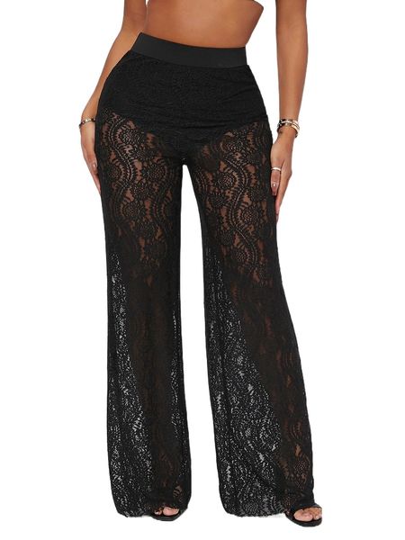 

high waist lace flare leg pants p10j#, Black;white