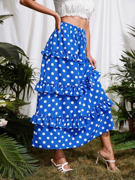 

polka dot ruffle trim skirt 89dn#, Black