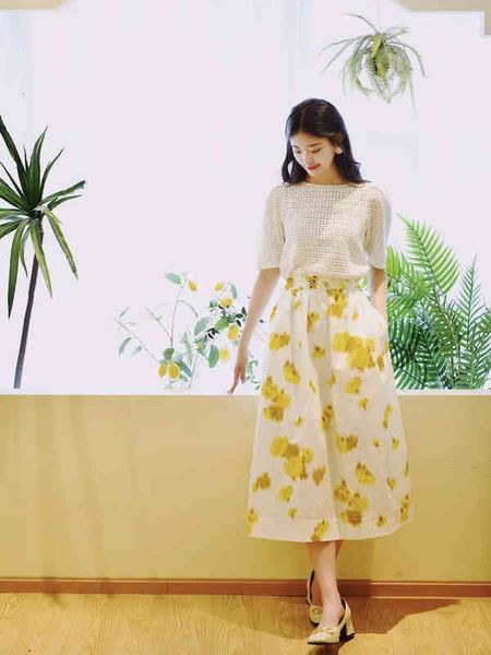 

skirts summer cotton halo dyed printed drawstring aline skirt high waist, Black