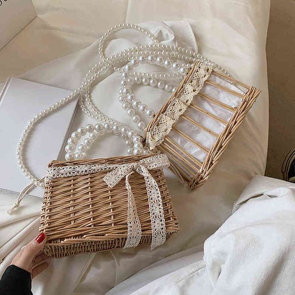 

casual summer rattan woven women shoulder crossbody bags fashion pearl chain basket drawstring ladies small handle handbags y220425