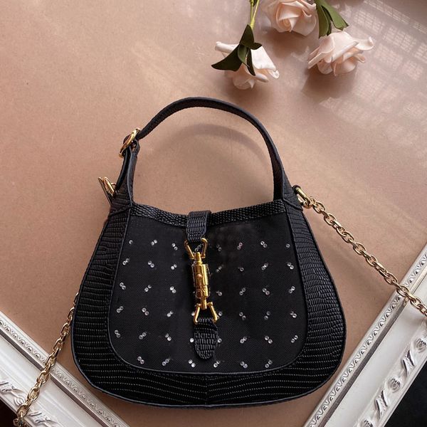 

jackie shoulder axillary bag half moon handbag purse crystal letters lizard skin hollow mesh
