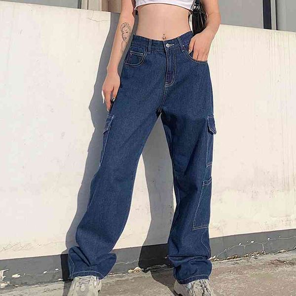 

fashion womens baggy denim pants streetwear hip hop sweatpants casual high waist stretch loose pocket jeans straight trousers#g3 l220726, Blue