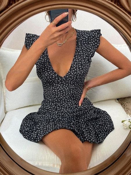 

plunging neck ruffle hem ditsy floral dress 25cs#, Black;gray