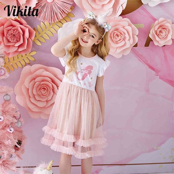 VIKITA Kids Girls Flare Sleeve Clothes Cartoon Mermaid Pattern Tutu Dress Kids Birthday Party Prom Summer Princess Vestidos 210329