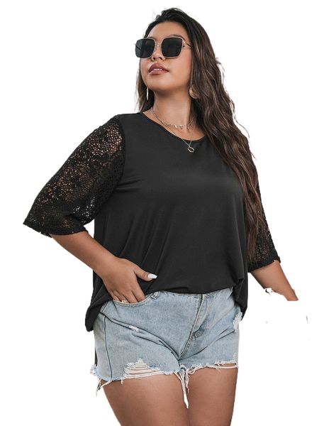 

plus contrast lace tee l9s8#, Black
