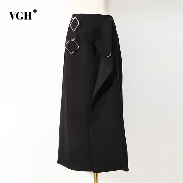 

office ladies black patchwork metal high waist skirts for women asymmetrical elegant female fashion clothing 210507