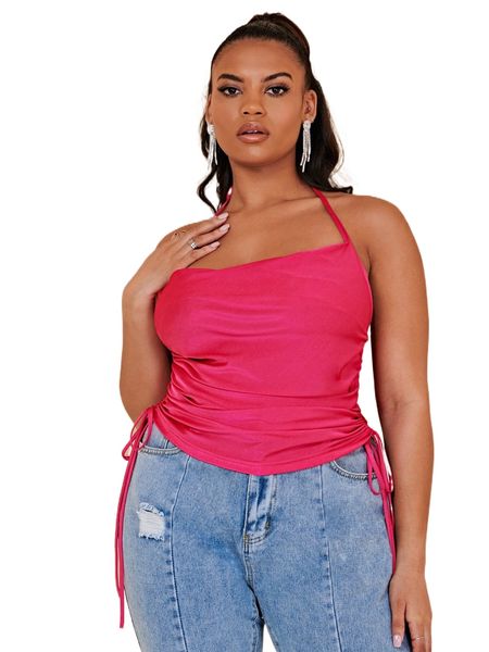

bae plus drawstring side backless halter p814#, Black