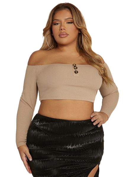 

sxy plus off shoulder half button crop tee p1yc#, Black