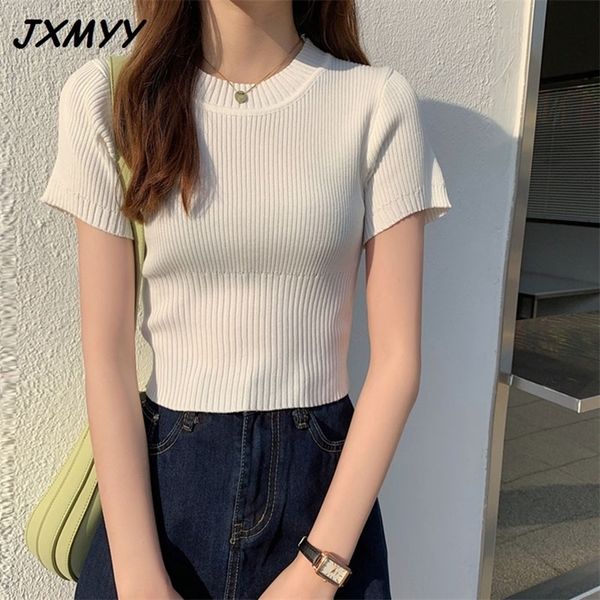 

fashion knit sweater women summer white western-style tight-fitting short short-sleeved jxmyy 210412