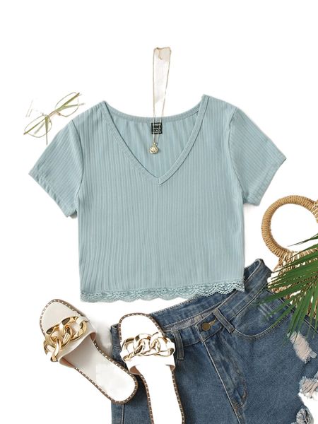 

v neck contrast lace crop tee q0sa#, White