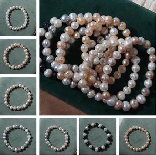 Bracciale di perle d'acqua dolce naturale al 100% Fili di perline Bianco viola rosa 8-9mm Selezione di 7 colori Elastico elastico Accessori moda da sposa