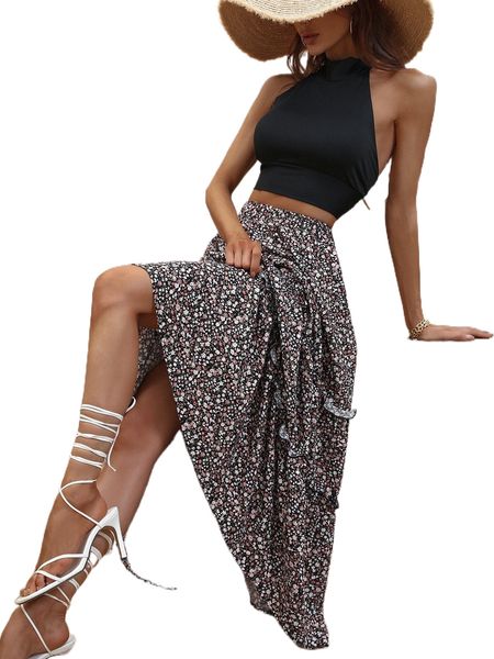

ditsy floral ruffle hem skirt t8dh#, Black