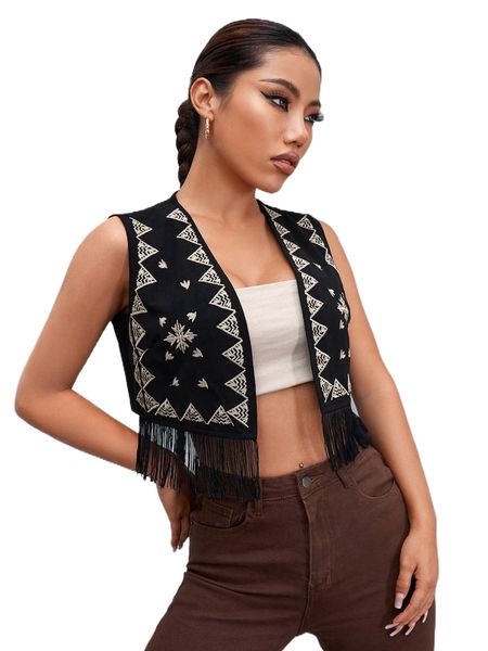 

geo embroidery fringe hem open front vest jacket x0zu#, Black;brown