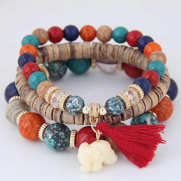 

bracelet trend simple and versatile tassel wooden beads multi-layer temperament jewelry, Golden;silver