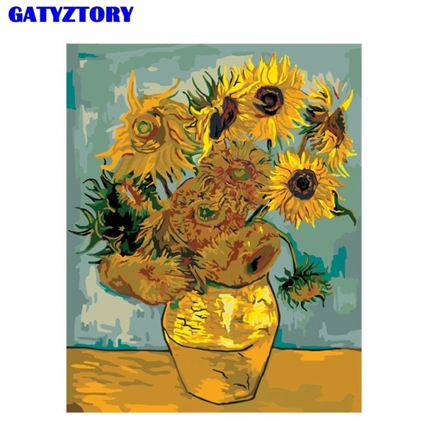 Gatyztory Learless Van Gogh Sunflower Diy рисовать по номерам стена Акриловая краска на каллиграфии холста для гостиной LJ200908