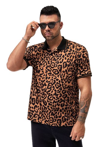 

extended sizes men leopard print polo shirt w8oi#, White;black