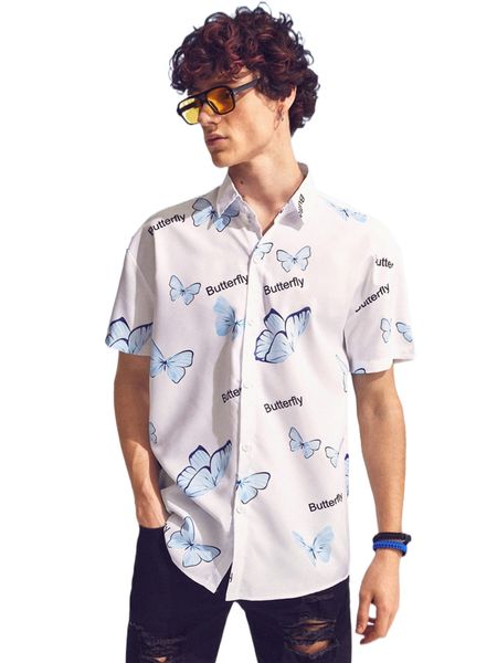 

men random letter & butterfly print shirt b01f#, White;black