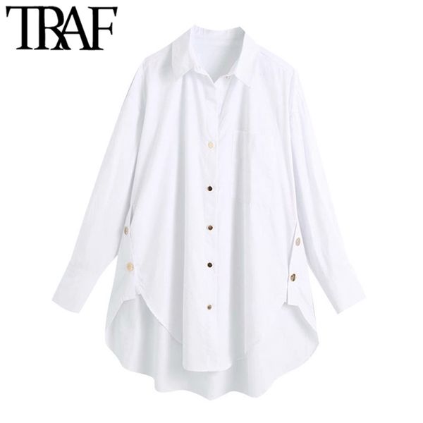 

traf women fashion with side buttons loose asymmetrical blouses vintage long sleeve pockets female shirts chic 210412, White