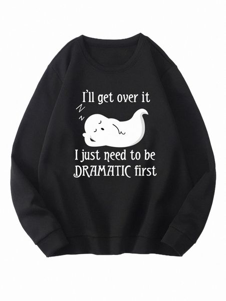 

slogan & cartoon graphic thermal lined pullover w4rd#, Black