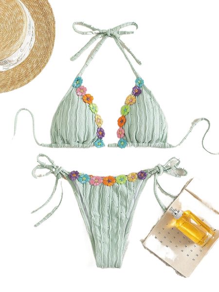 

eyelet embroidery appliques halter triangle bikini swimsuit r1dy#, White;black