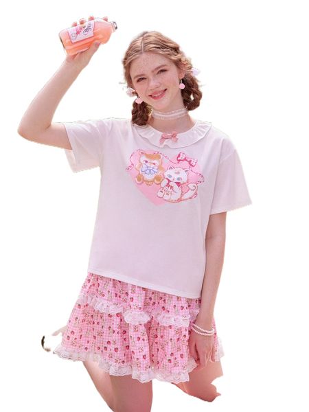 

kawaii cartoon graphic ruffle bow decor tee d0np#, White