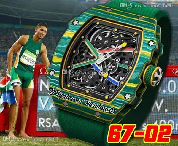 Orologio da uomo automatico extra piatto Wayde Van Niekerk A23j NTPT Cassa in fibra di carbonio verde giallo Quadrante scheletro Cinturino in nylon Super Edition Puretime01 6702B2