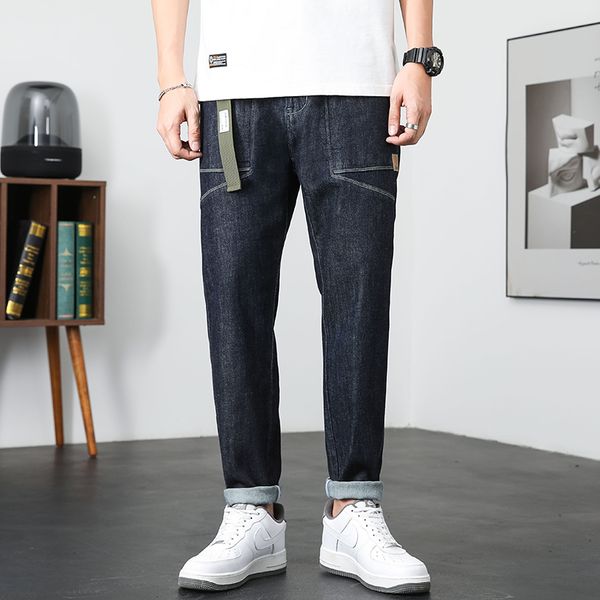 

dark blue jeans men stretch loose fit wide leg spring summer casual harem pants elastic waist streetwear patchwork include belt cx220401