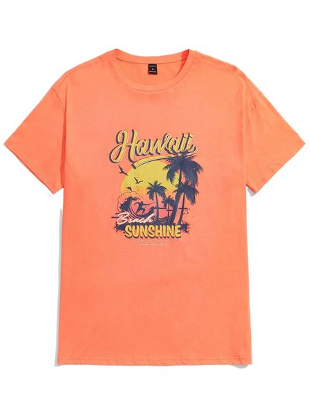 

men drop shoulder slogan & tropical print tee r5li#, White;black