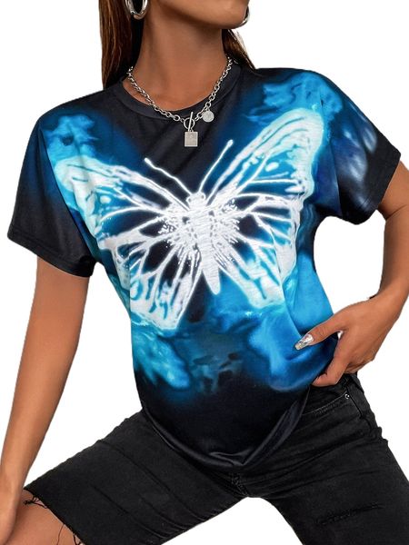 

butterfly print batwing sleeve tee k6tv#, White