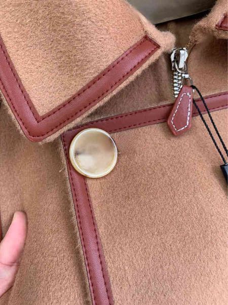 

2022 b home autumn and winter new wool coat women's double breasted hemmed leather contrast color long style commuter double-sided wool, Tan;black