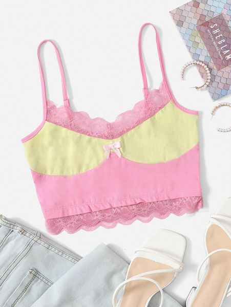 

colorblock bow front lace trim crop cami a6qr#, White