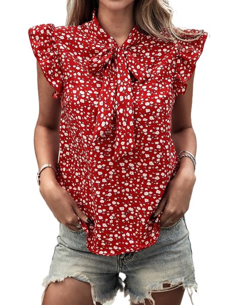 

ditsy floral print tie neck butterfly sleeve blouse d1zb#, White