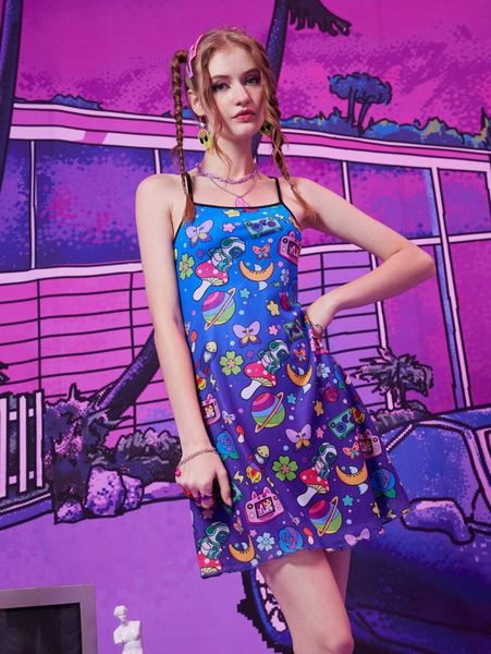 

romwe anime spaceman cartoon graphic cami dress s5n1#, Black;gray