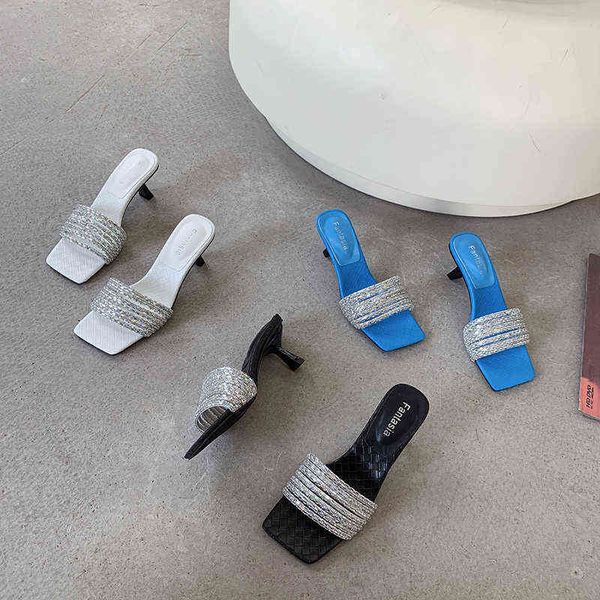 

slippers square toe women rhinestone chain thin high heels shallow slip on black blue white summer casual dress shoes woman 39 220328