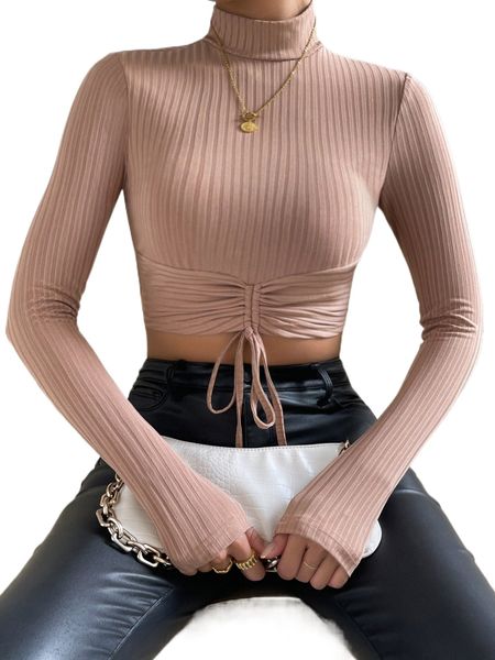 

stand collar drawstring front rib-knit crop tee 46lf#, White