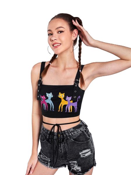 

x maike koller cartoon graphic buckled criss cross lace up crop tank q0ky#, White