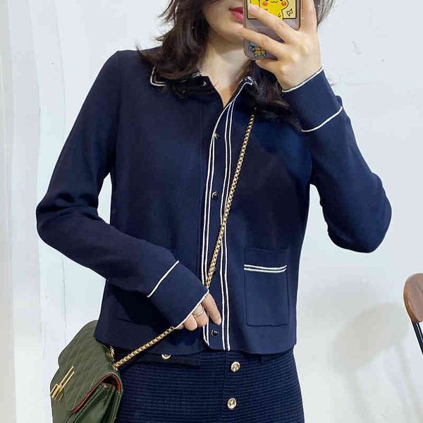 

women's sweaters s family's french style small fragrance knitted in spring and summer of women's blue mock neck cardigan coat, White;black