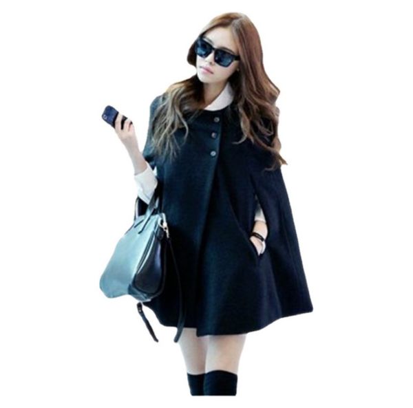 

womens hooded poncho cape coat winter warm fur shawl wool coats cloak, Black