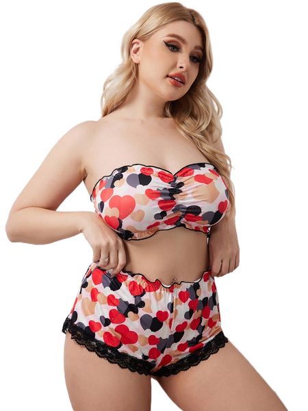 

plus heart pattern contrast lace lingerie set s2lf#, Black;white