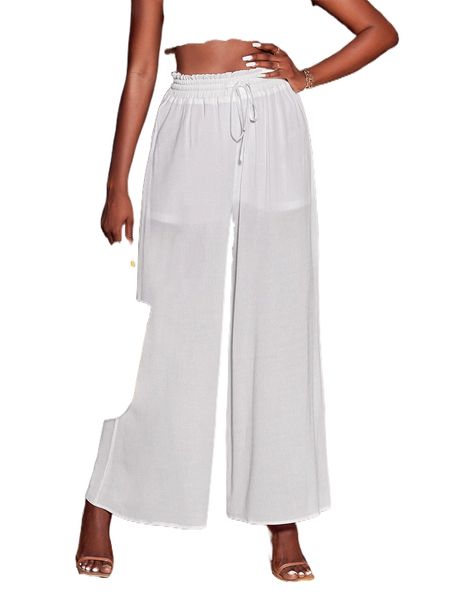 

solid drawstring waist wide leg pants r97w#, Black;white
