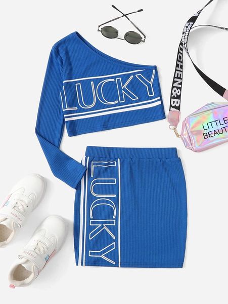 

girls one shoulder letter and striped & skirt she, White