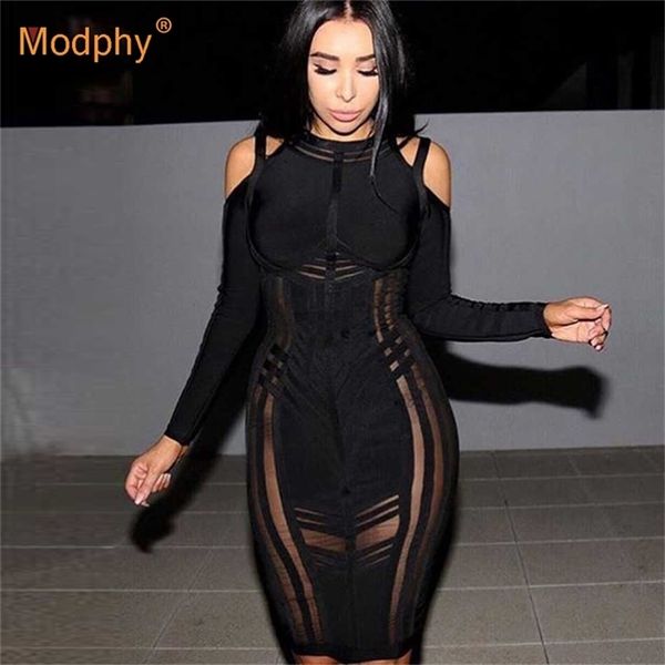 Inverno New Women Bandagem Dress Bodycon Festa de celebridades White Black Hollow Out Mesh Christmas Vestes Vestidos 201008