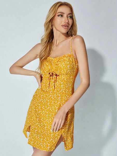 

ruched knot cut-out -slit hem ditsy floral cami dress m9cv#, Black;gray