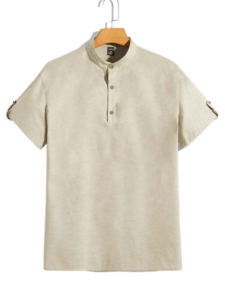 

men half button roll tab sleeve shirt 17ql#, White;black