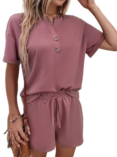 

half button drop shoulder & shorts set x9cm#, White