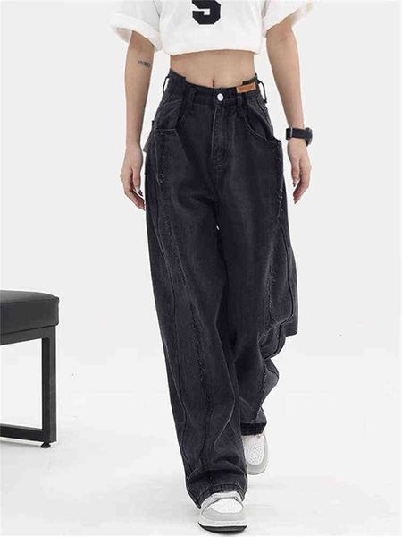 

2022 women long straight harajuku y2k tij black jeans pants baggy denim pants streetwear pocket design high waist wide blowjob l220726, Blue