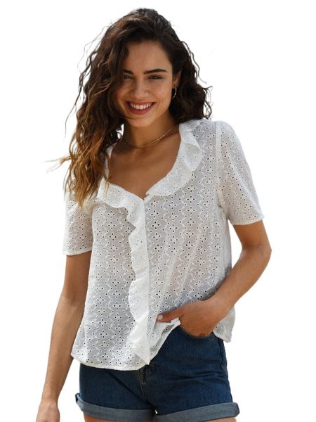 

eyelet embroidery ruffle trim blouse l2rd#, White